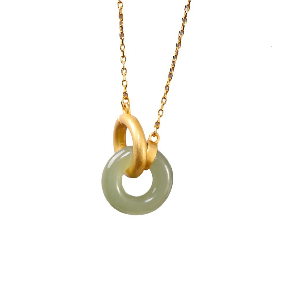 Natural Hetian Green Jade Necklace Fashionable Fresh Style Sier Jewelry Gold-Plated Interlocking Rings
