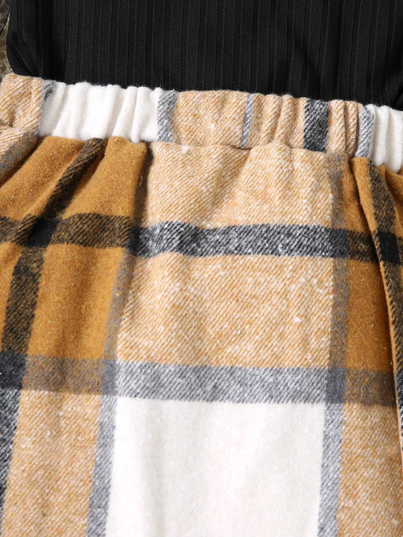 Two Piece Set Of AutumnWinter Girls Mesh Splicing Plush Long Sleeved Knitted Solid Color Top Irregular Button Plaid Skirt Set L250926UQ5Q