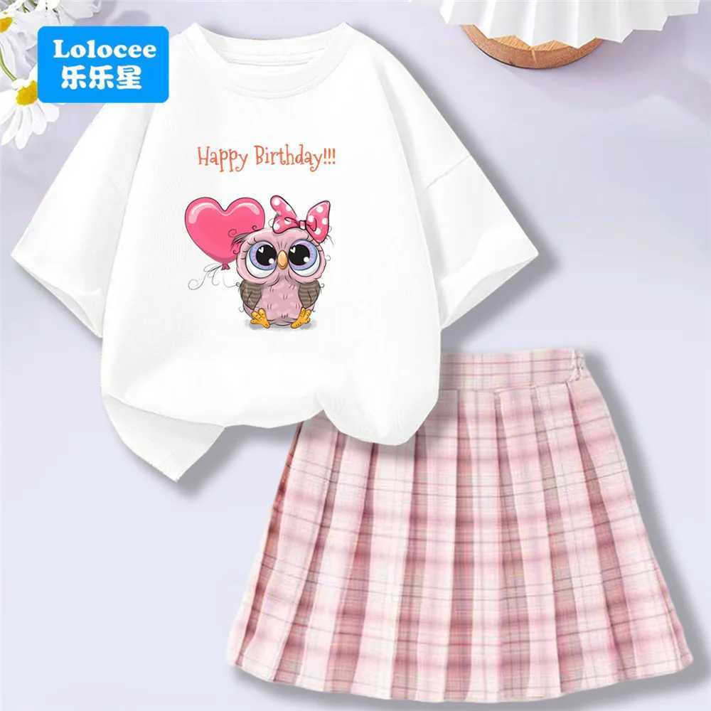 Cute Owl Birthday Girls Set Summer Short Sleeve Tee with Heart Balloon Plaid Skirt 2 pcs Outfit Perfect for Party Suits L250926UXOX