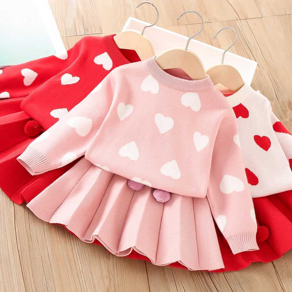 Spring Autumn Girls Clothing Set Heart Pattern Knitted Sweater Sweatshirt Ball Decoration Skirt 2Pcs Suit For Girl L2509268P7E