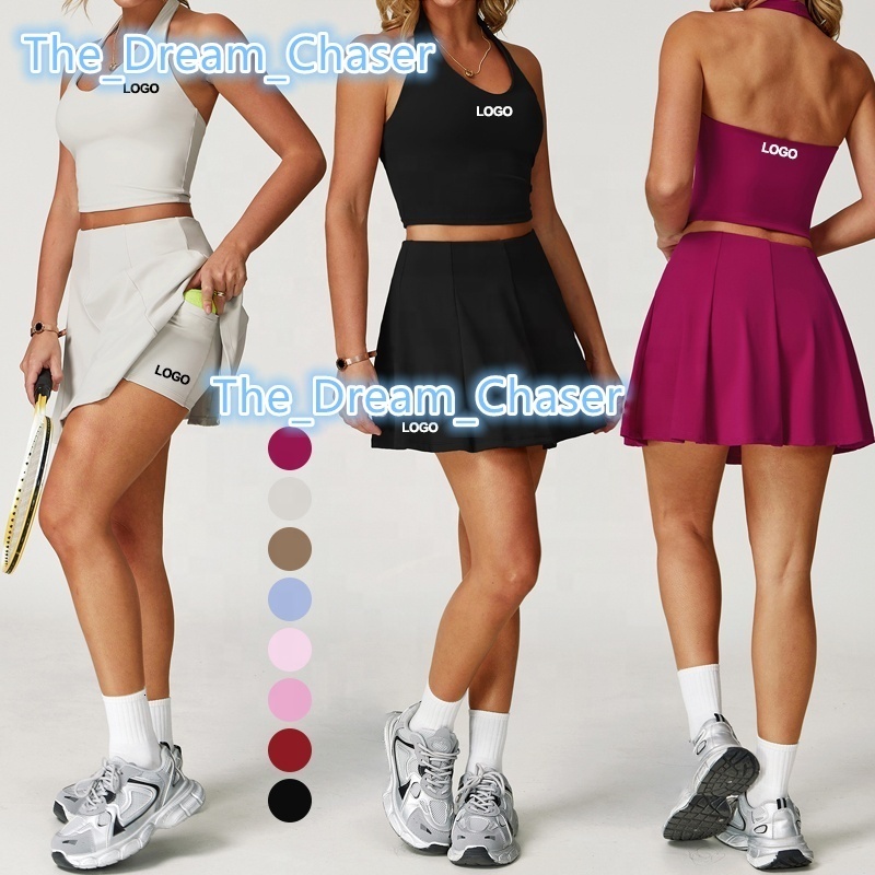 Womens Tennis Skirt Suit New TwoPiece Halter Neck Sports Bra and Skirts QuickDrying Fitness Sets