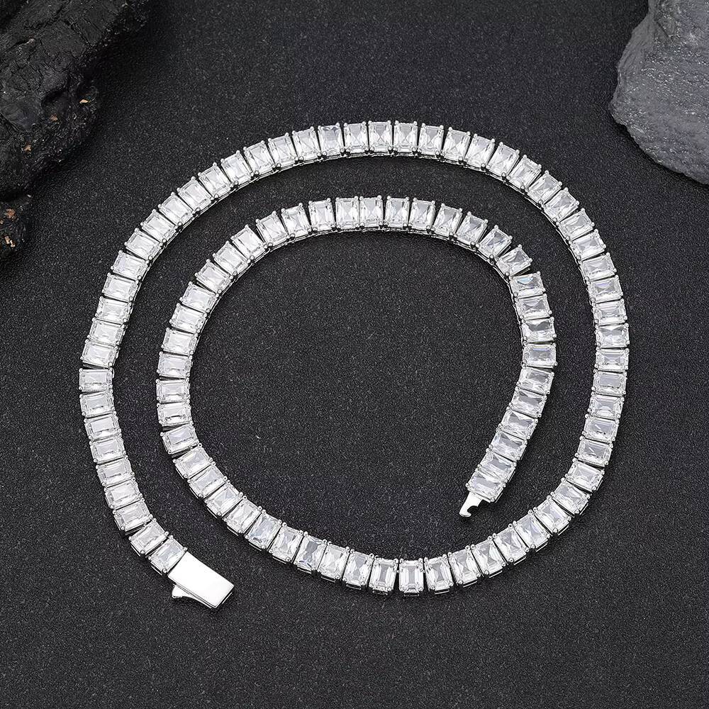 NOUYA Silver Plated Tennis Chain Necklace for Women 6mm Baguette Zircon Stones Hip Hop Fine Jewelry Tennis Chains