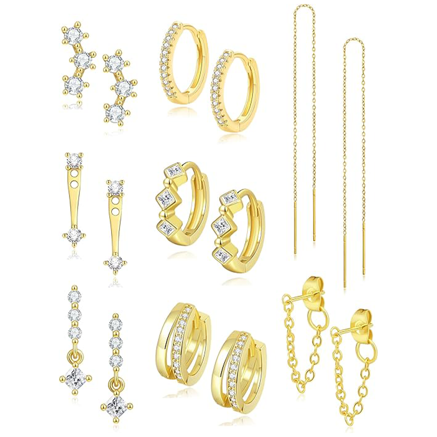 8 Pairs 18K Gold Plated Small Hoop Earring CZ Cartilage Stud Earring for Women Long Chain Drop Dangle Stack Earrings for Multiple Piercings Gold Tone