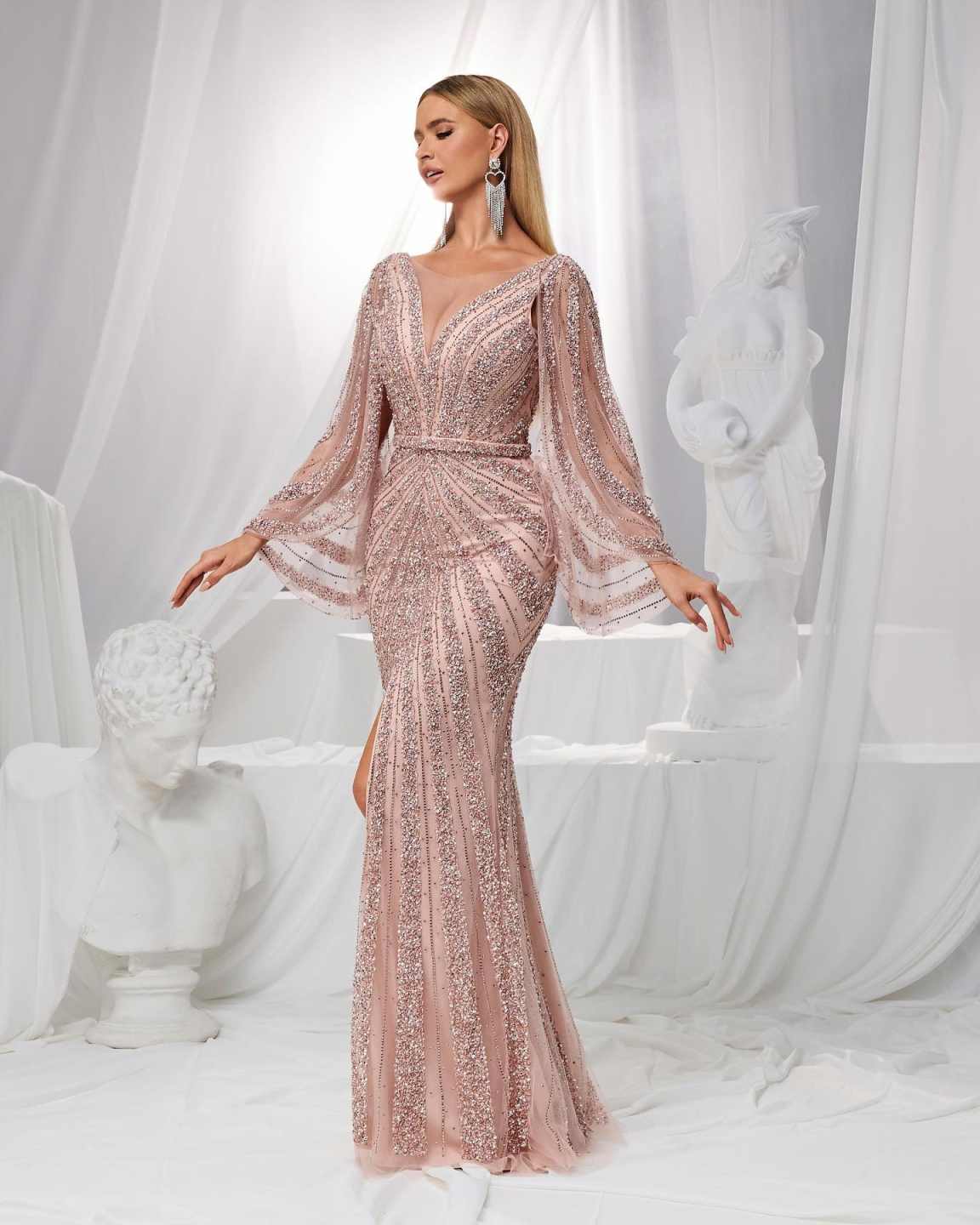Classic Mermaid Evening Dress O Neck Long Sleeve Sequins Prom Gowns Beaded Splits Floor Length Formal Dresses Customized