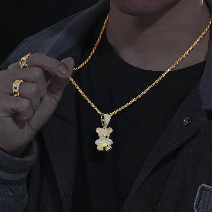 Iced Out Bear Pendant Necklace Moissanite Diamond 925 Sterling Silver Hiphop Pendant