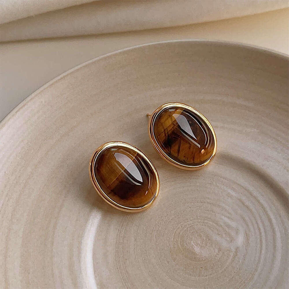 Milad Tiger Eye Stone Earrings French Style Fashionable Studs Unique High-end Feel Ear Jewelry