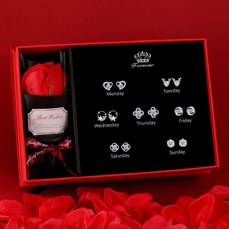 S Sier Needle Earring Set Sakura Star Light Weekly Earrings Qixi Valentine's Day Birthday Gift for Wife