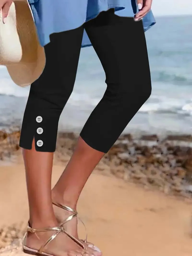 2025 Cross border Summer Mid waist Elastic Solid Color Seven point Pants Tight Fashion Sexy Button up Casual for Women 250819e