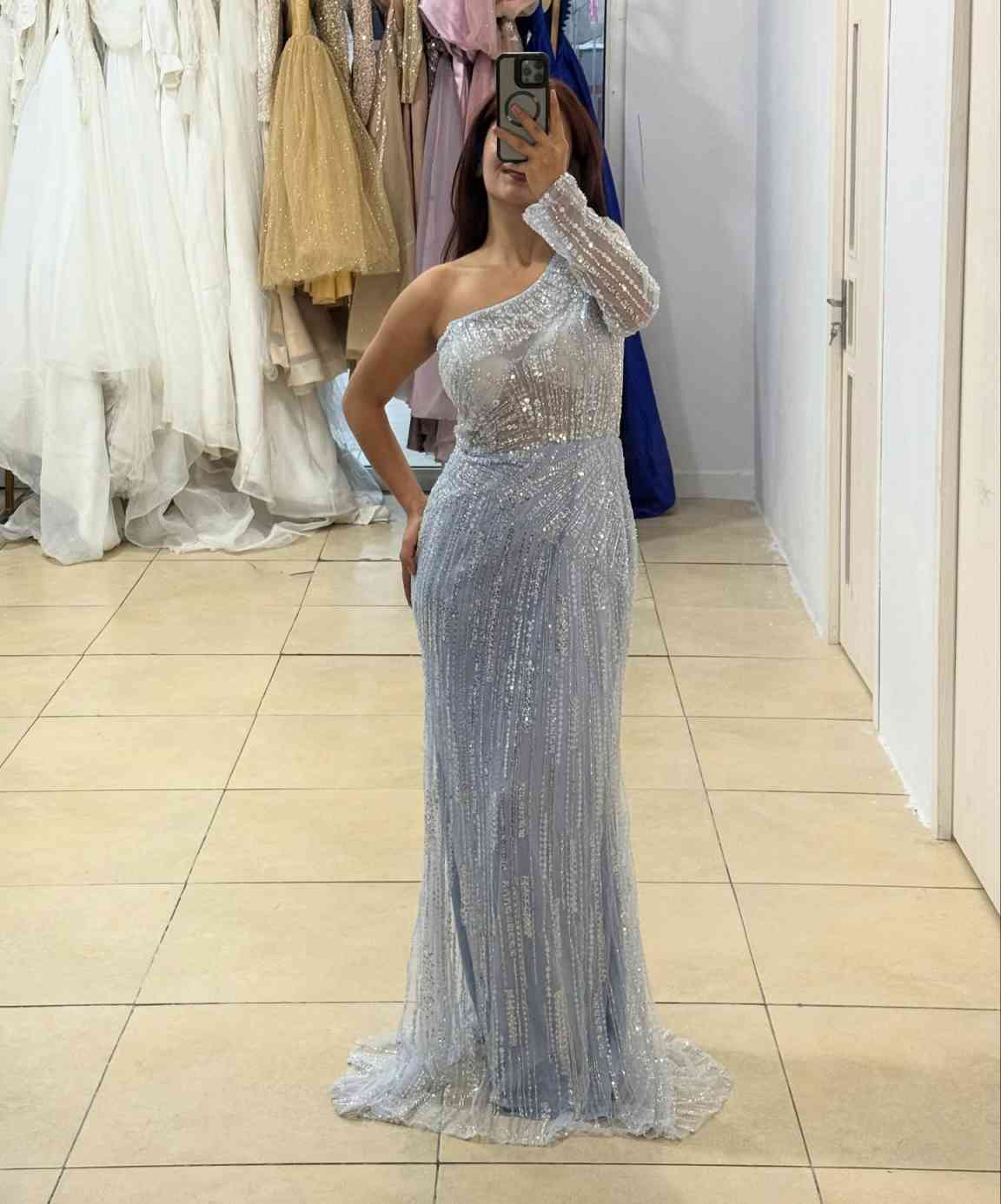 Stylish Sequins Mermaid Evening Dress One Shoulder Long Sleeve Prom Gowns Exquisite Floor Length Formal Dresses Customized