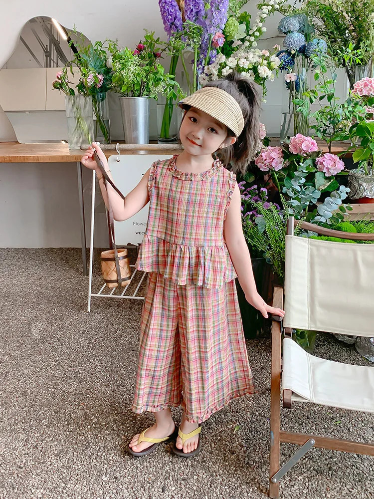 2025Girls Summer Sleeveless Wooden Ear Color Fashionable Plaid TwoPiece Set 250922
