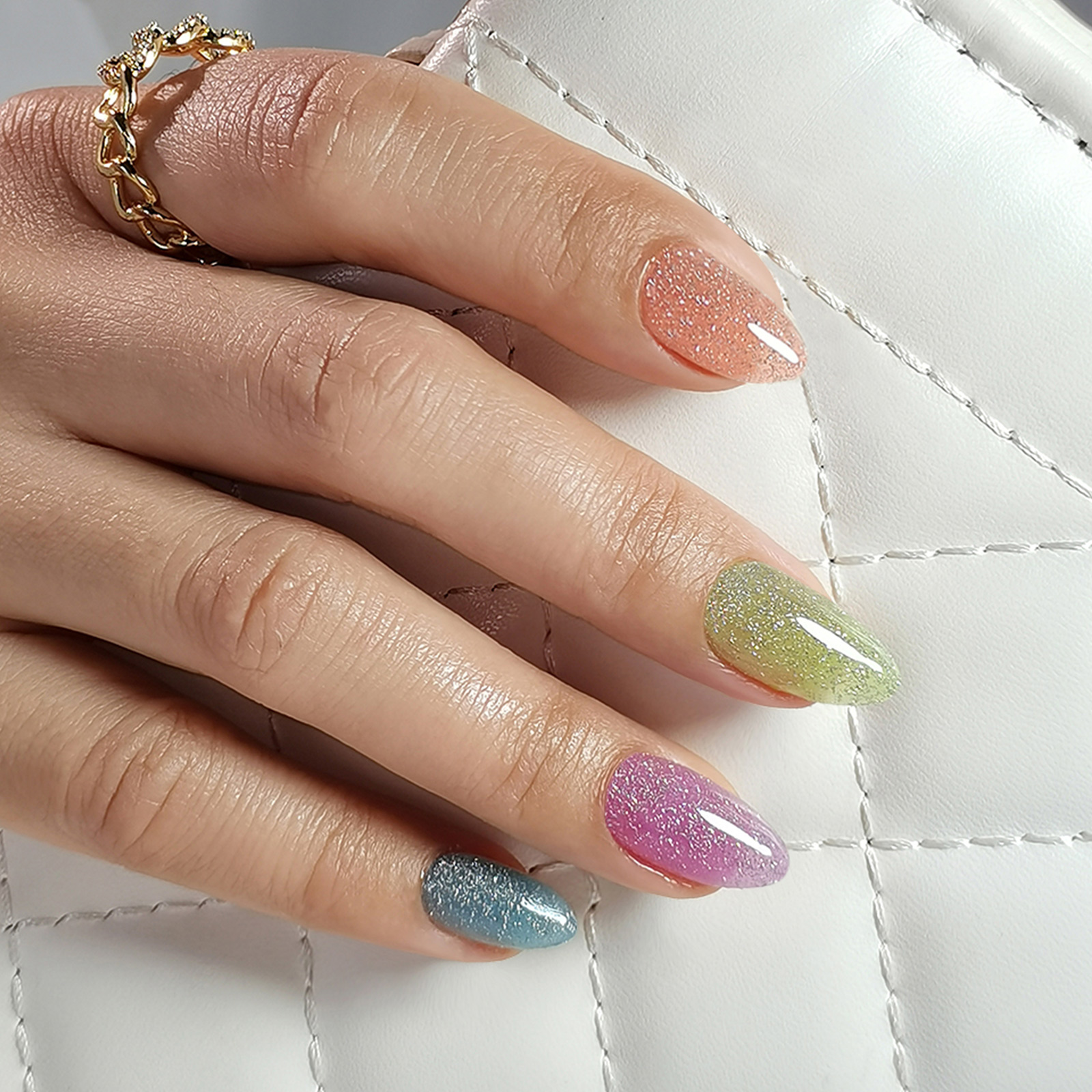 Colorful Candy Glitter Push-On Nails Almond Nails Glitter Diamonds - Soft Gel Fake Nails Gift for Women, Available in 16 Sizes - 32 Reusable Nails