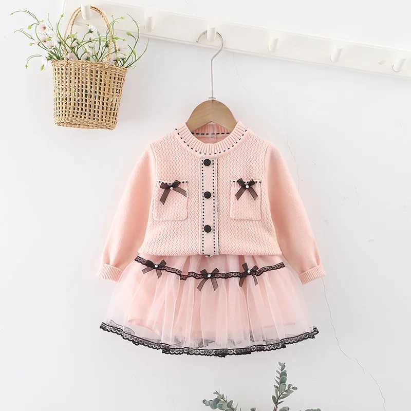 Children Sweater Set Korean Autumn Winter 2025 New Girls Sweet Bow Knitted Top Mesh Skirt Two Piece Set L2509263HZY
