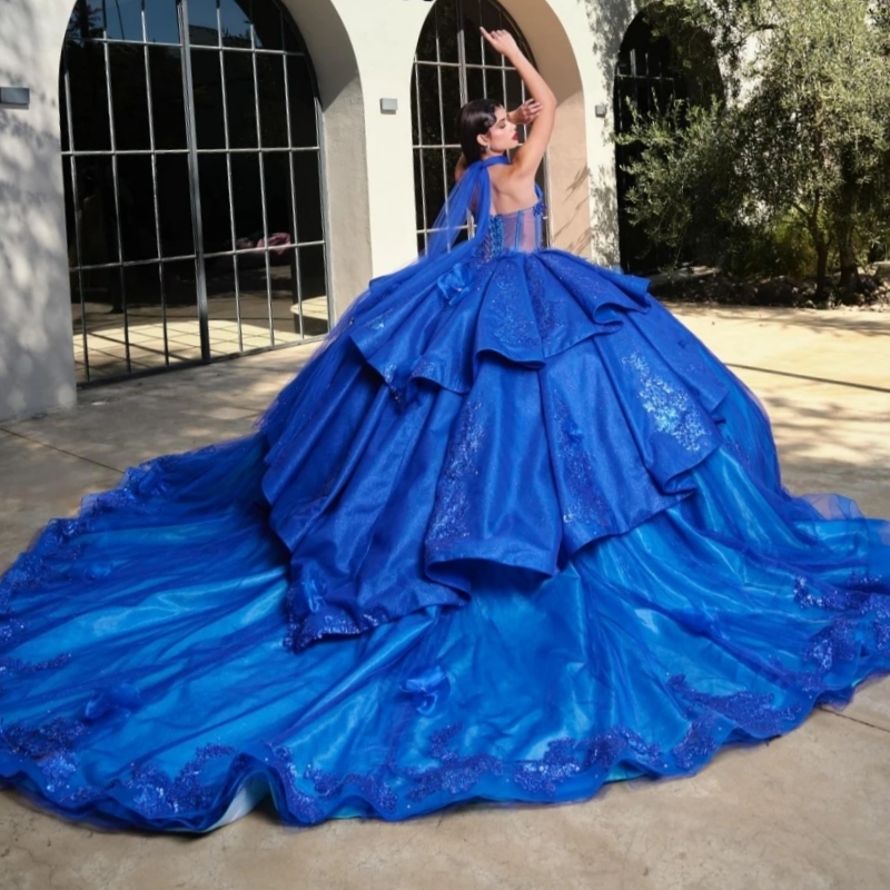 Royal Blue Sparkly Ball Gown Quinceanera Dresses Applique Flower Beading Crystal Tull Sweet 16 Dress Vestidos De 15 Anos