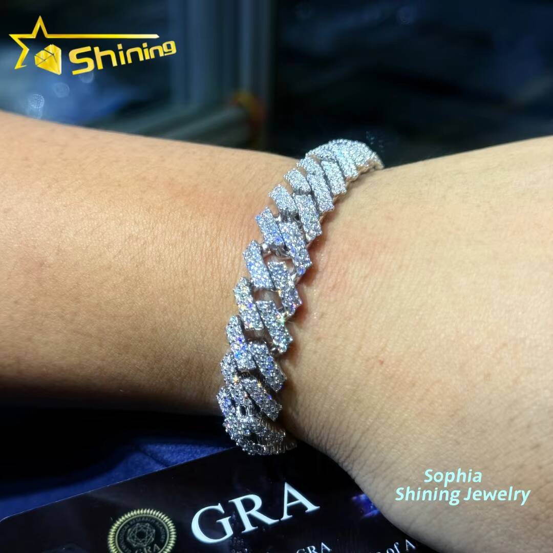 New Stocks 12mm 925 Silver Cuban Link Chain Hip Hop Jewelry Men Iced Out Moissanite Diamond Cuban Bracelet