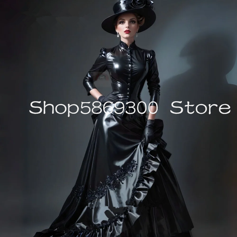 Victoran Black PU Prom Dress Long Sleeves Ruffles Shiny Gothi Masquerade Costume corset lace-up evening gown Customized