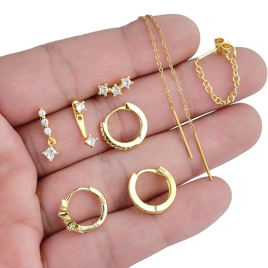 8 Pairs 18K Gold Plated Small Hoop Earring CZ Cartilage Stud Earring for Women Long Chain Drop Dangle Stack Earrings for Multiple Piercings Gold Tone