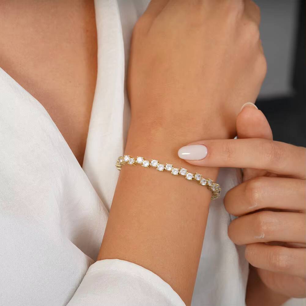 SB164 Valentine Gift Classic Silver Size 6575 Inch 2 Rows 30mm Prong Setting Round Cut CZ 14K Gold Plated Tennis Bracelet