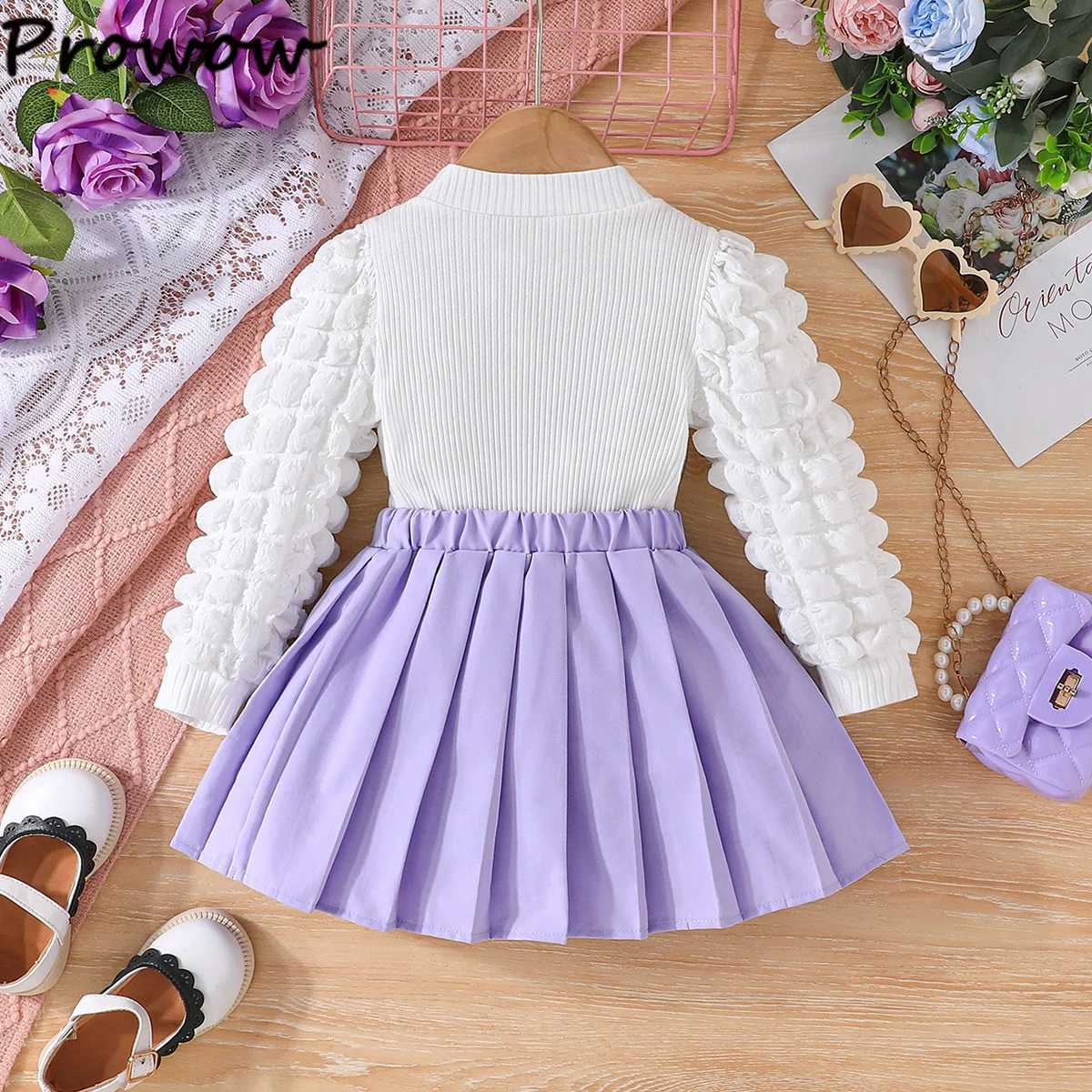 38Y Childrens Clothing Girls Autumn Winter Outfits Bubble Sleeve White Top and Pleated Skirt Two Piece Sets For Baby Kids Girl L250926FJS7