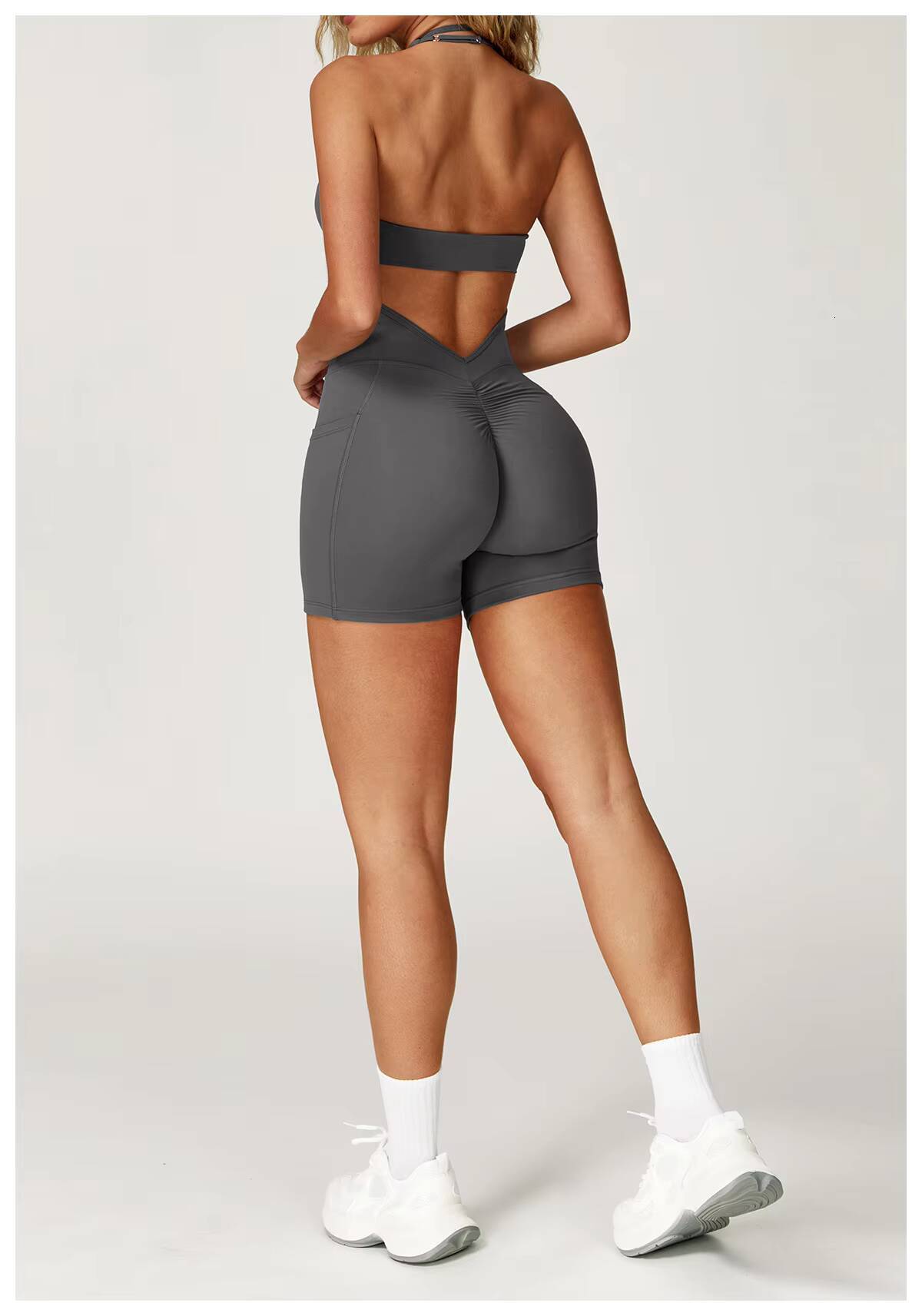 Athletic One Piece Jumpsuit for Women Back Cutout Halter Bodysuit with High Waist Ruched Front and Breathable Stretch Material