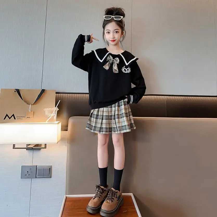 Childrens Set Girls Korean Spring Autumn Flip Neck Bow TopCheckered Short Skirt Set Big Kids Fashion Two Piece Skirt Set L250926ZX85