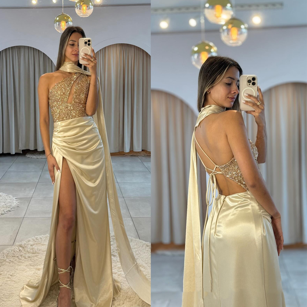 Sexy Evening Dresses One Shoulder Sleeveless Backless Gowns For Women Sequins Split Side Sweep Train Dress For Party Custom Made