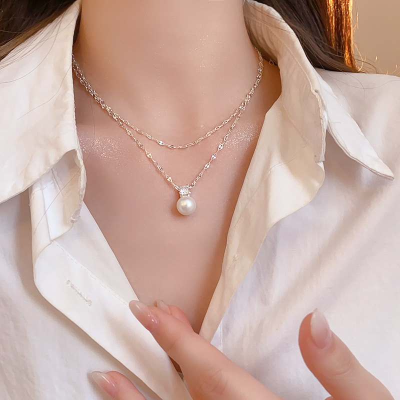Silver - Toned Layered Chain Necklace With Pearl And Zircon Accents Delicate Daily & Elegant Jewelry Gift For Her High - Quality And Chic Accessory