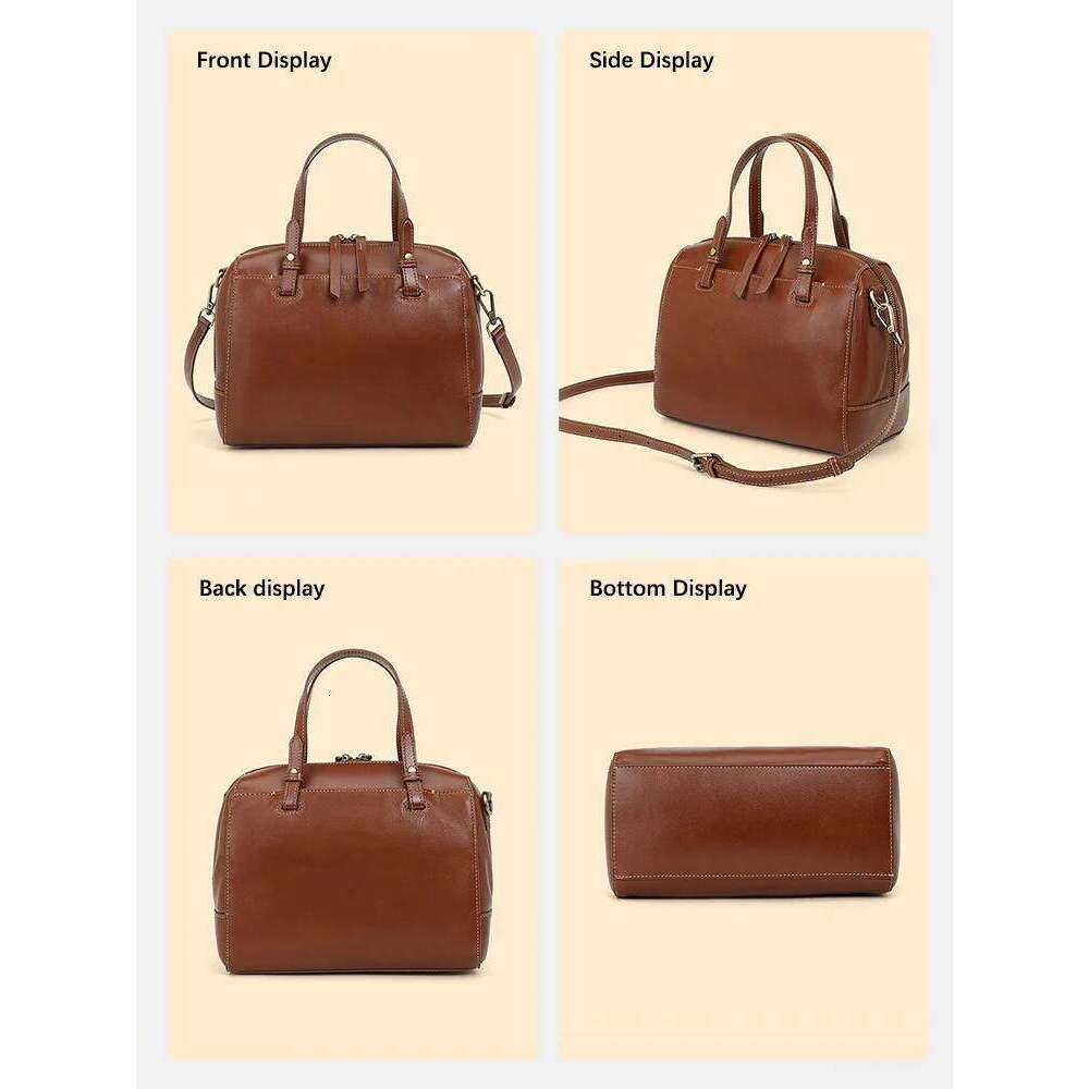 Zency Genuine For Women Large Capacity Shoulder Natural Leather Boston Bag Organizer Pockets Handbag Purse