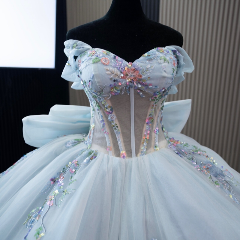 Sky Blue Shiny Quinceanera Dresses Off The Shoulder Sequin Applique Lace Beads Bow Corset Tull Party Birthday Sweet 16 Dress Vestidos 15 De Anos