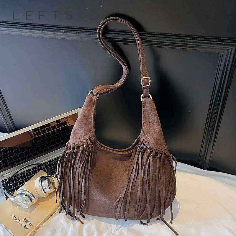 Design Faux Suede Shoulder Bags for Women Tassels Crossbody Bag Females Retro New Handbags and Purses