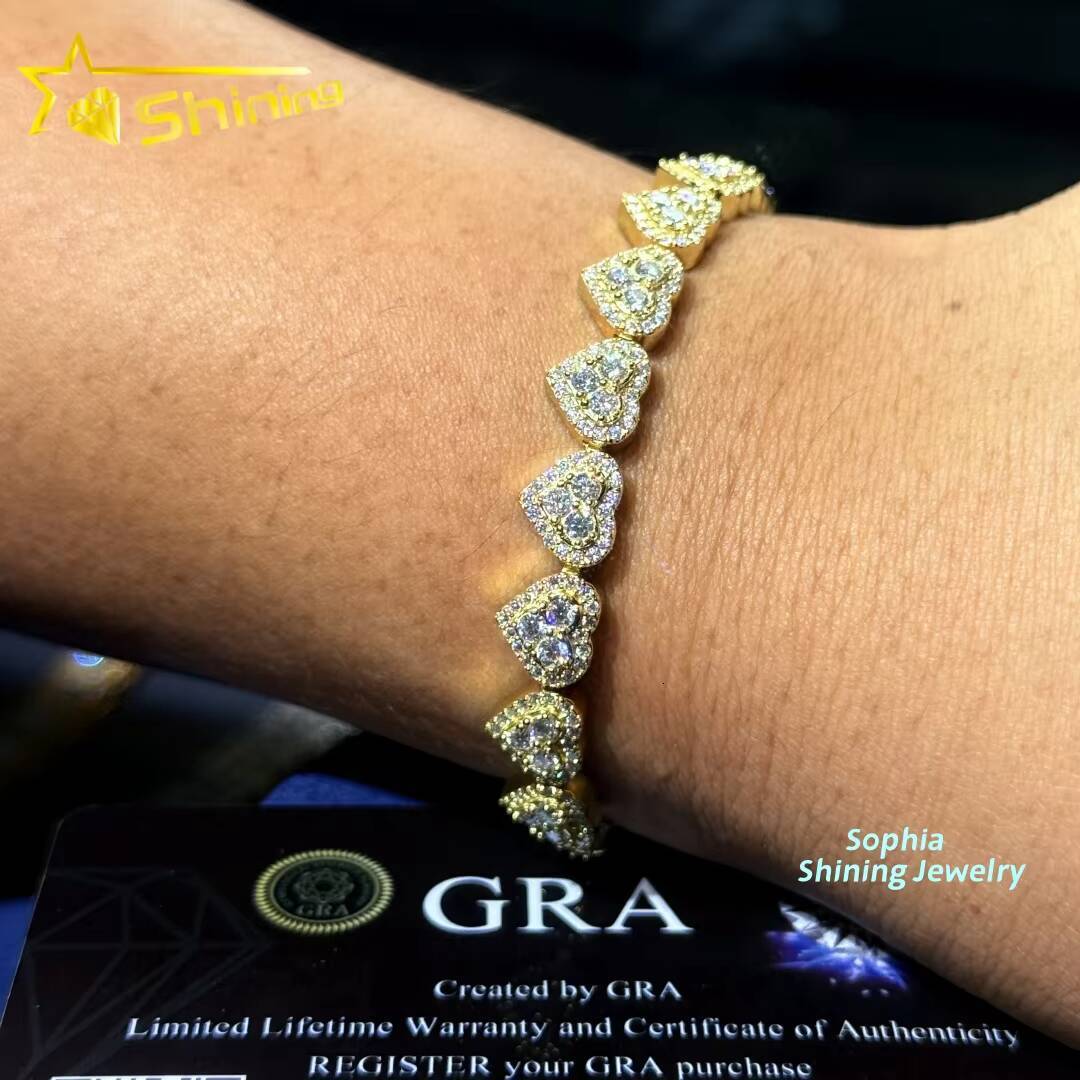 Heart Design Solid Silver 925 Hip Hop Iced Out Cuban Link Bracelet 8mm VVS Moissanite Diamond Womens Fine Jewelry Bracelet