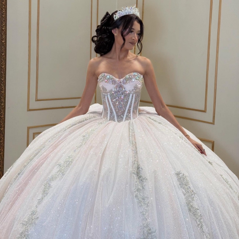 Ivory Shiny Quinceanera Dresses Off The Shoulder Applique Lace Beading Crystal Bow Corset Tull Party Birthday Sweet 16 Dress Vestidos 15 Anos