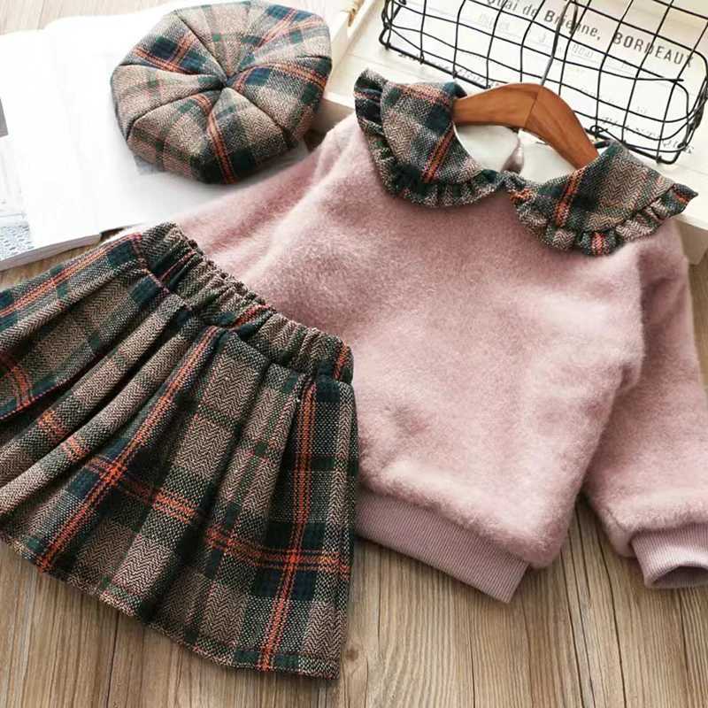 Baby Girl Clothes 06 Spring Autumn New Fashion Princess Dress Suit Girl Cotton Top Plaid Pleated Skirt Hat Girl 3 Piece set L250926HA39