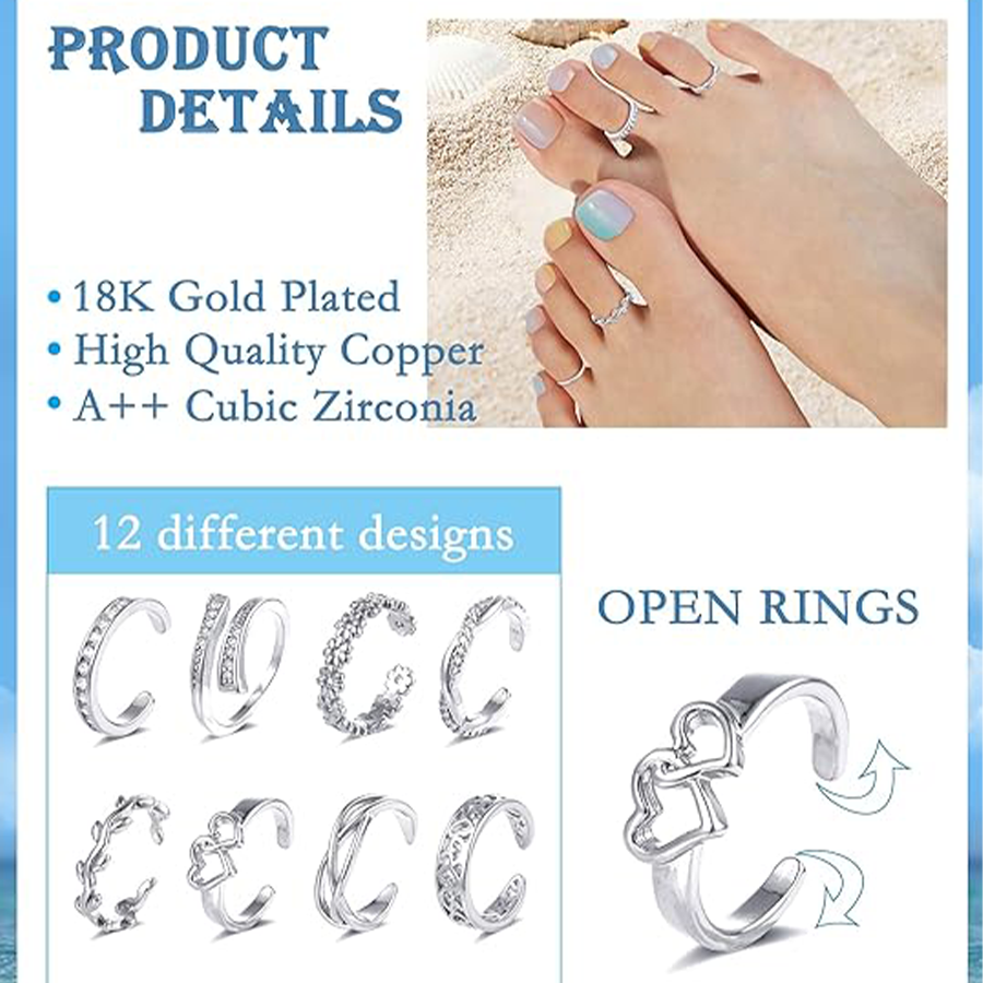 12PCS 18K Gold Plated Toe Rings CZ Daisy Flower Leaf Heart Knot Band Open Tail Ring Beach Foot Jewelry Sets For Women Men Silver Tone