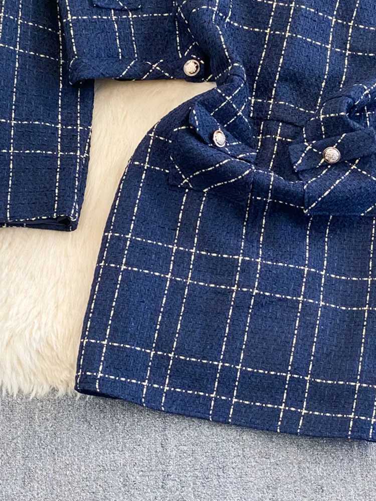 Autumn Dress Suit Women Luxury Korean Chic Blue Tweed Jacket Vest Dress Elegant 2 Piece Set Long Sleeve Cropped Coat L250926M703