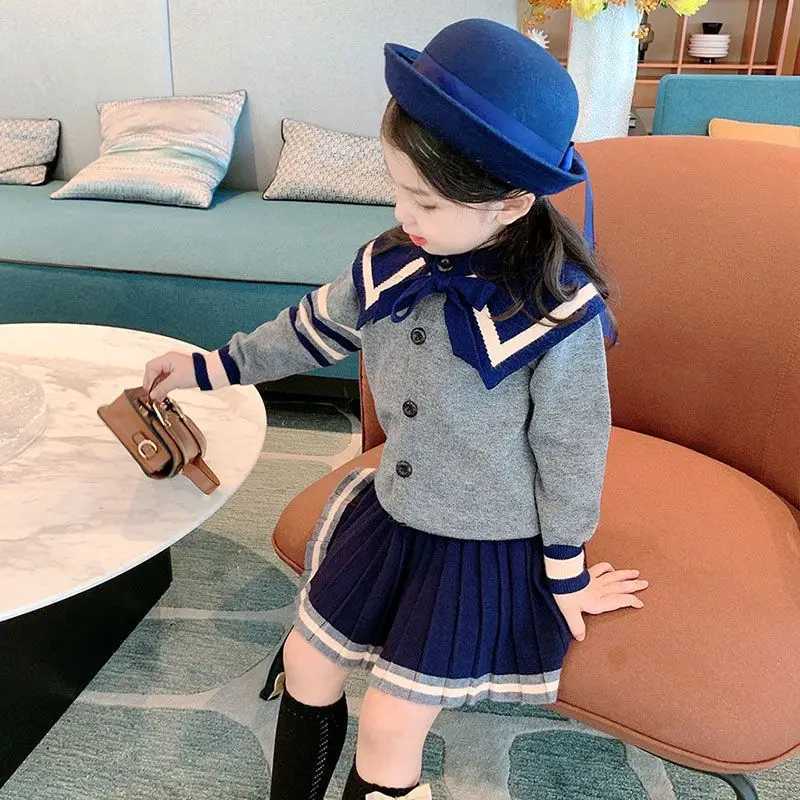 Spring and Autumn Girls College Style Set New Childrens Knitted Cardigan CoatHalf Skirt Two Piece Set L25092651YH