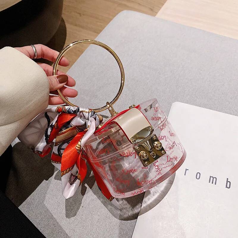 Women Fashion Mini Handbag Metal Handle Case Shape Acrylic Clutch With Scraf Ladies Party Female Chain Crossbody Bag high-quality