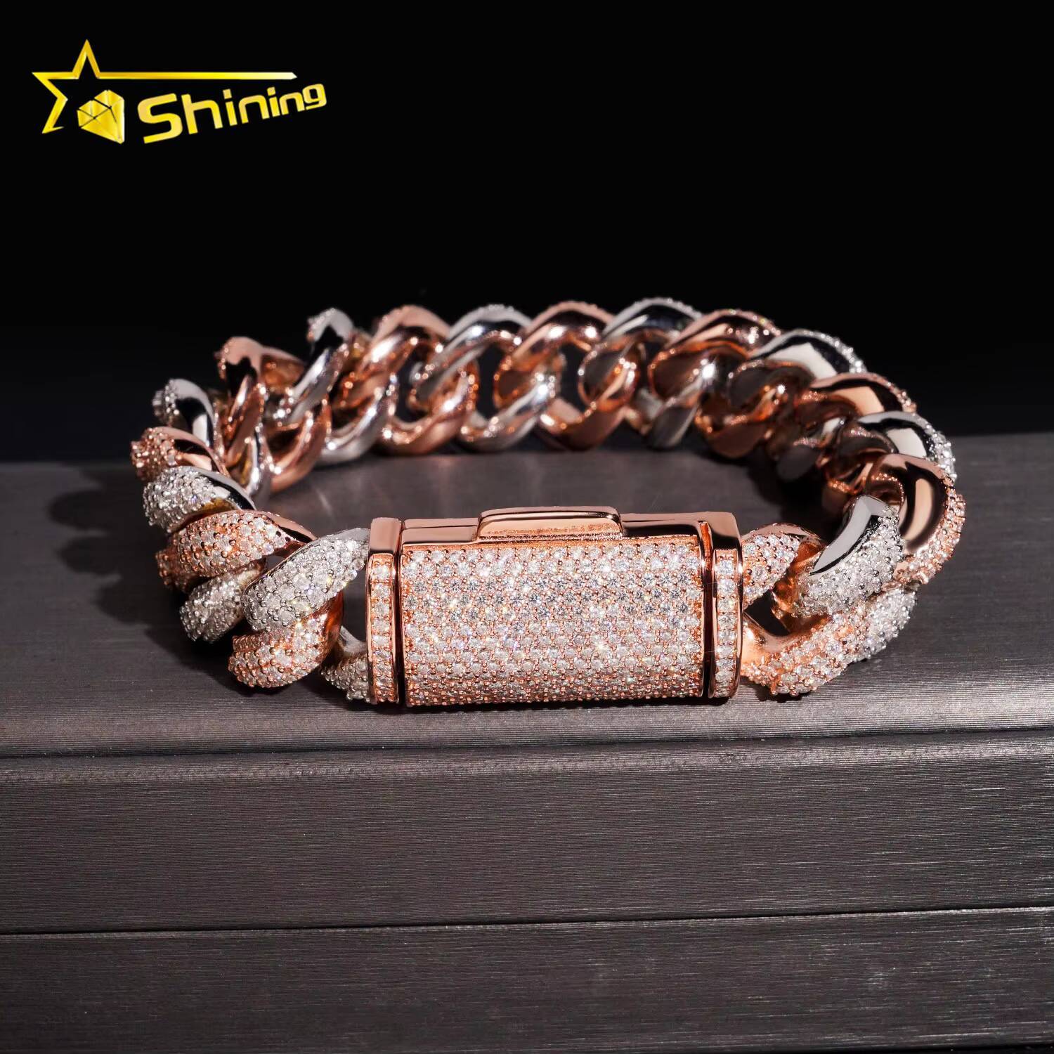 Hip Hop Jewelry 925 Silver Bracelet for Men Iced Out Two Tone 16mm VVS Moissanite Cuban Bracelet GRA Certificated