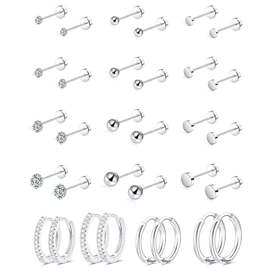 16 Pairs Small Stud Earrings Stainless Steel Flat Back Tiny Stud Earring Huggie Hoops CZ Ball Disc Stud Screw Back Cartilage Earring Set for Multiple 