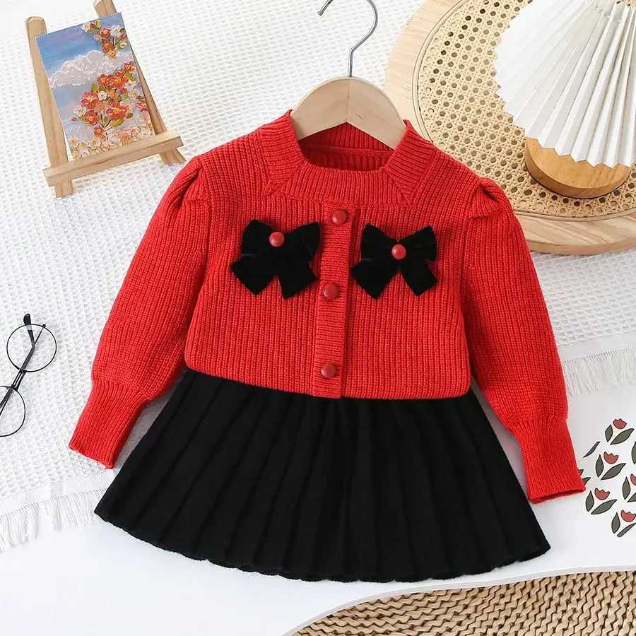 Fashion Autumn Winter TwoPiece Toddlers Girls Clothes Set Bow Knitted Sweater Tops With Pleated Skirt For Childrens Clothing L250926NXH9