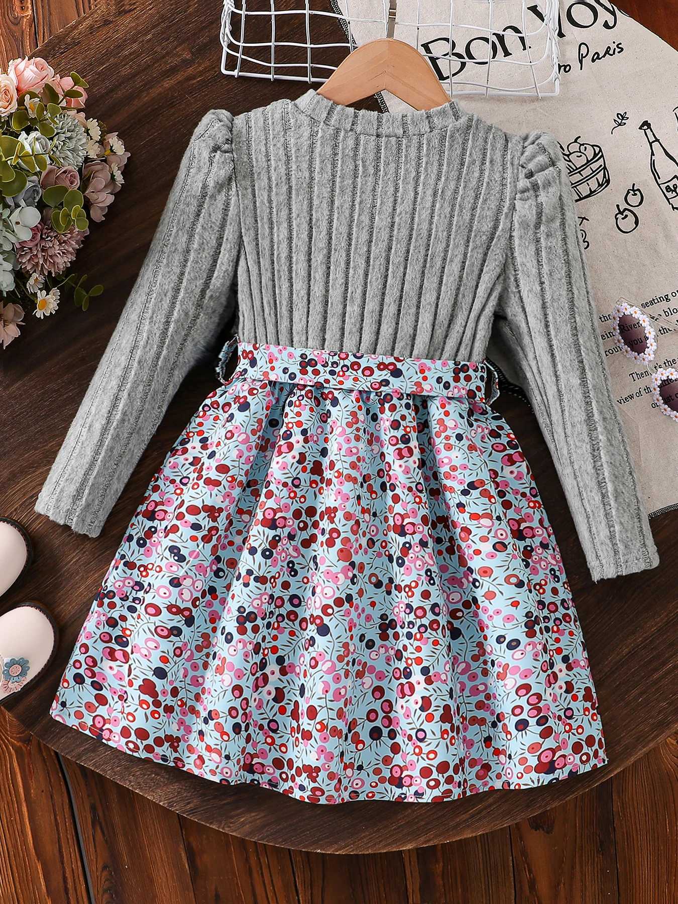 Spring Autumn Girl Casual AllMatch Knitted Round Neck Long Sleeve Floral Dress Girls Daily Casual Skirt L250926GE7A