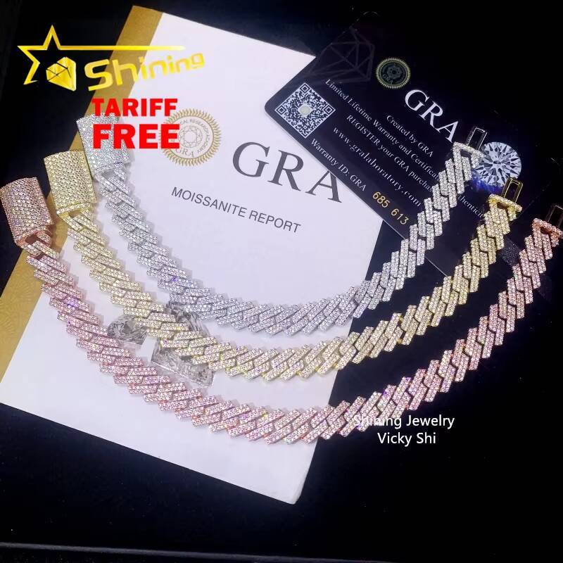 Hip Hop Jewelry Moissanite Cuban Bracelet 10MM 2 Rows 925 Sterling Silver Iced Out VVS Moissanite Miami Cuban Link Chain