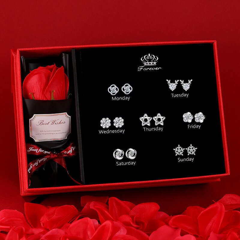 S Sier Needle Earring Set Sakura Star Light Weekly Earrings Qixi Valentine's Day Birthday Gift for Wife