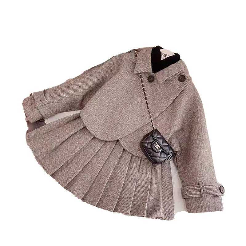 2025 Autumn Kids Babys Girls 2PCS Clothes Set Cotton Solid Turn Down Collar Children Girls Coat Solid 18Y Pleated Skirt Outfits L250926BFQ0