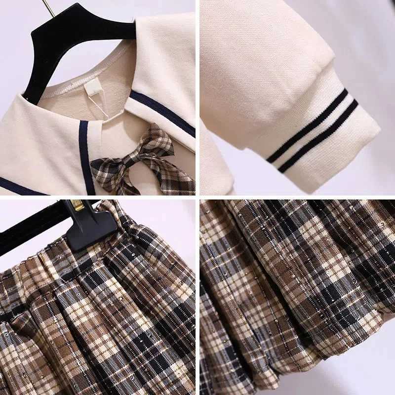 Childrens Set Girls Korean Spring Autumn Flip Neck Bow TopCheckered Short Skirt Set Big Kids Fashion Two Piece Skirt Set L250926ZX85