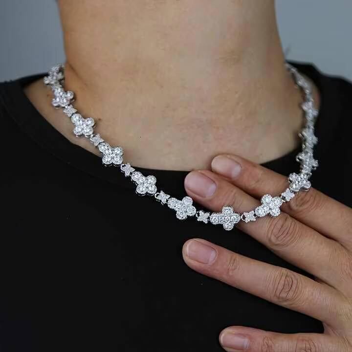 USA Trendy 10mm Iced Moissanite Flower Tennis Chain Necklace Cross Star Diamond Cuban Link for Men Women Hip Hop Jewelry for