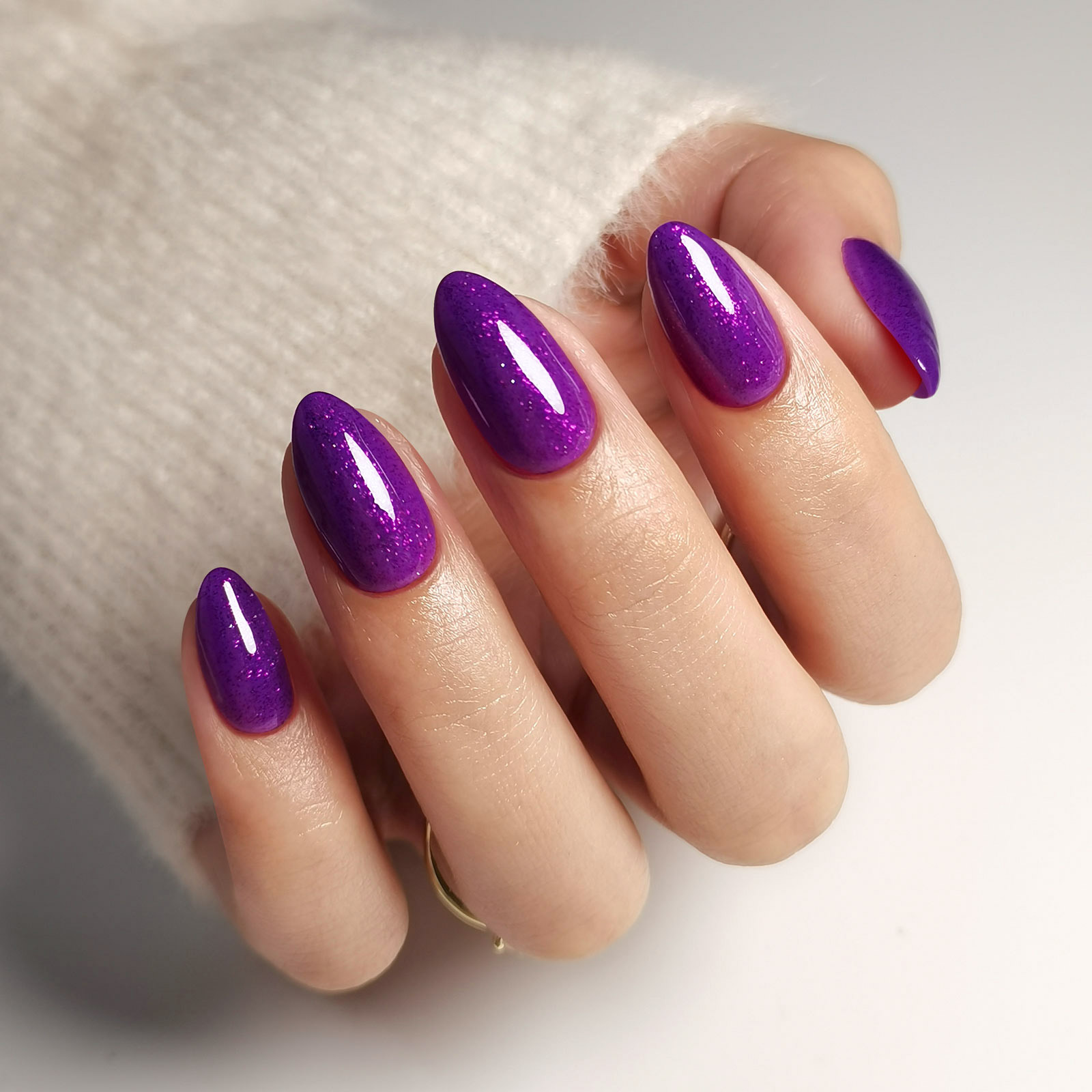 Purple Glitter Studded Almond Short Nails with Shiny Diamonds - Soft Gel Gloss Press - on Nails, 16 Sizes - 32 Reusable Nails