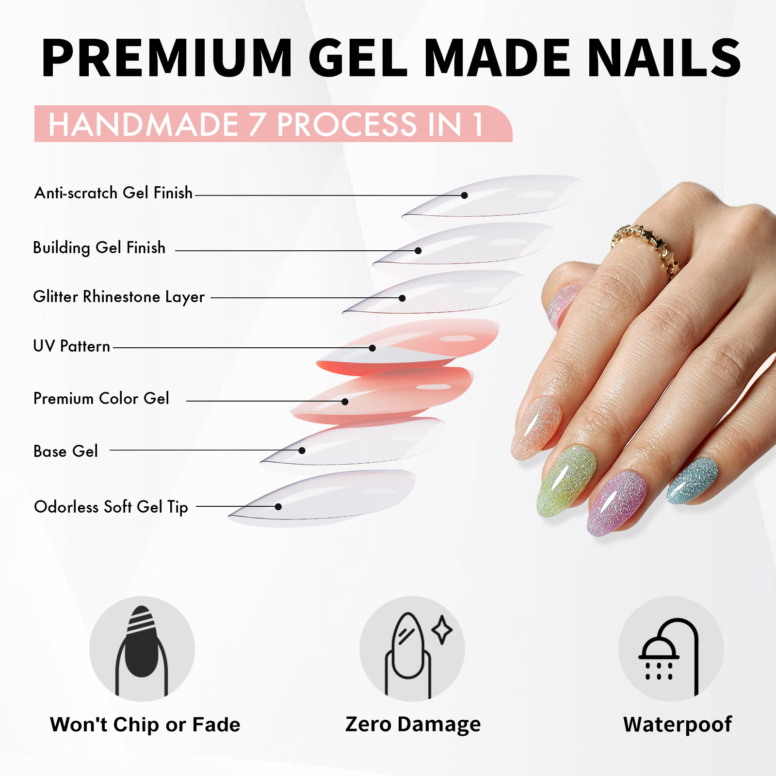 Colorful Candy Glitter Push-On Nails Almond Nails Glitter Diamonds - Soft Gel Fake Nails Gift for Women, Available in 16 Sizes - 32 Reusable Nails