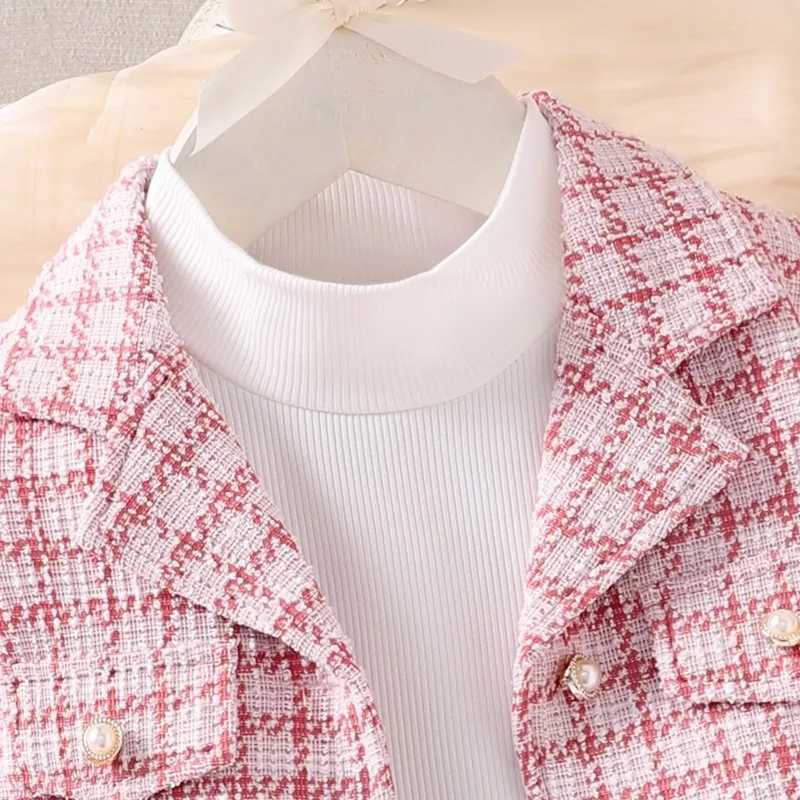 Children Toddler Kit Girls Small Fragrance Pink Plaid Suit Tweed Plaid Jacket Round Neck Pure Top Pleated Skirt Threepiece Set L250926VOAH