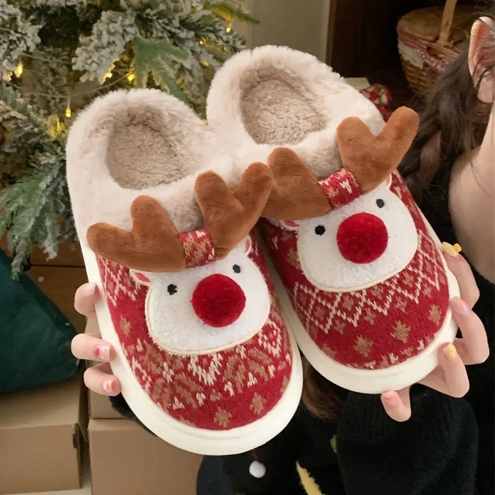 Trendy Winter Seasonal Adorable Deer-Inspired Female Cotton Slide Sandals Ideal for Cozy Homes Woman Cute Cartoon Deer Anti-slip Girls Indoor Home Flo