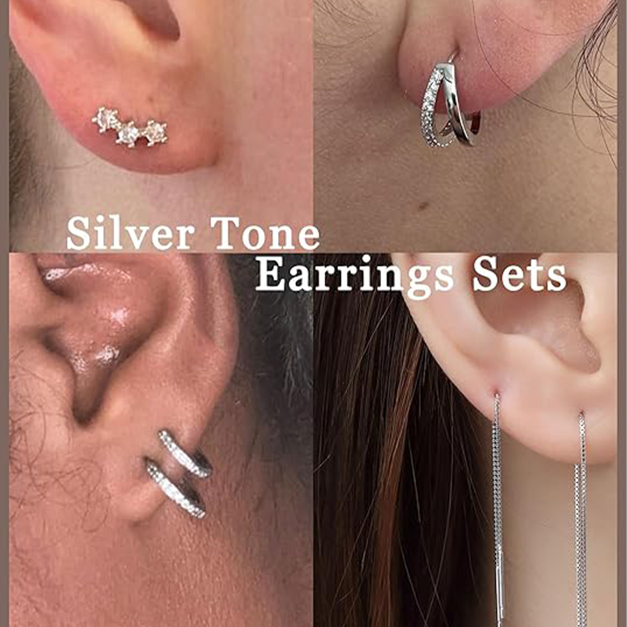 8 Pairs Silver Plated Small Hoop Earring CZ Cartilage Stud Earring for Women Long Chain Drop Dangle Stack Earrings for Multiple Piercings Silver Tone